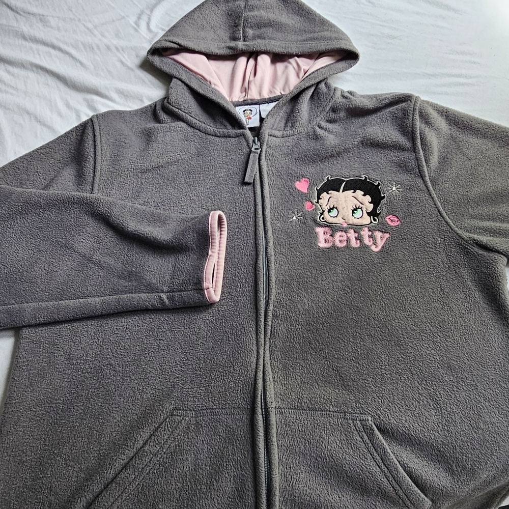 Betty Boop Gray Hooded Fleece Jacket with Pink Accents